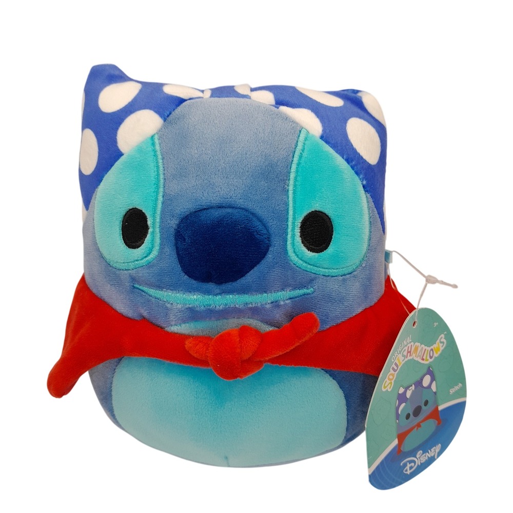 Squishmallows Disney Stitch Plush Blue Polka Dot Headband Red Cape 6 inch NWT
